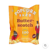 A package of Butter-scotch flavored popcorn branded as POPCORN SHED, with a vegan label, indicating it is made with all natural ingredients and is gluten free.